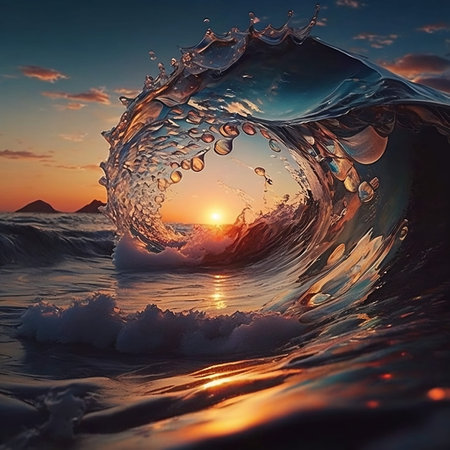 Ocean Wave. Sea water in crest shape. Sunset light and beautiful clouds on background, Digital art