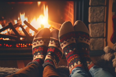 Young romantic couple sitting on sofa in front of fireplace, Warming and relaxing near fireplace.の写真素材