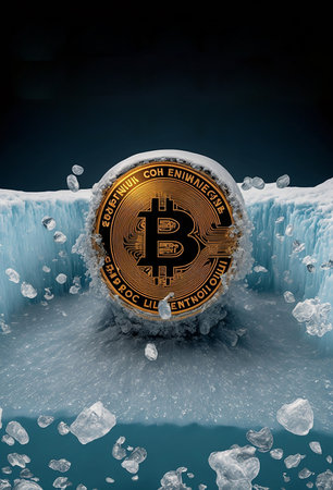 Bitcoin is freezing. Frozen Bitcoin, shiny gold bitcoin covered in ice during the cold crypto winterの写真素材