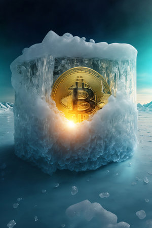 Bitcoin is freezing. Frozen Bitcoin, shiny gold bitcoin covered in ice during the cold crypto winterの写真素材