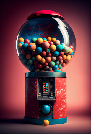 Gumball machine. Transparent round glass candy dispenser with colorful bubble gum.の素材