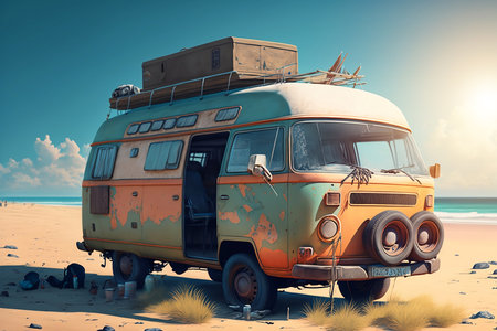 Abandoned old motorhome Camper van. Vehicles on the beach. Digital nomad life.の素材