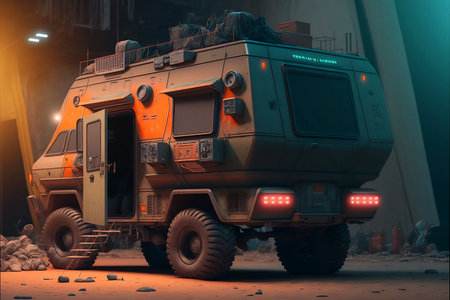 Motorhome post apocalyptic, camper end of the world concept. trailer camping digital nomad life.の素材