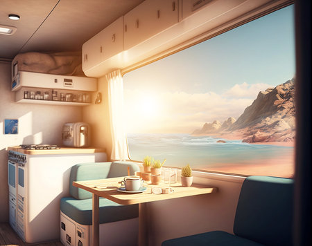 Campervan and nice landscape outside. View inside of a campervan adapted for digital nomad life.の素材