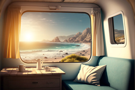 Campervan and nice landscape outside. View inside of a campervan adapted for digital nomad life.の素材