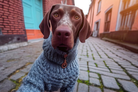 Adorable german shorthaired pointer in a dog sweater selfie, adorable dramatic GoPro selfieの素材
