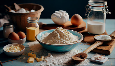 Baking background banner. bread preparation Ingredients variety for cooking dough on a dark rustic table. Top view, flat lay.の素材