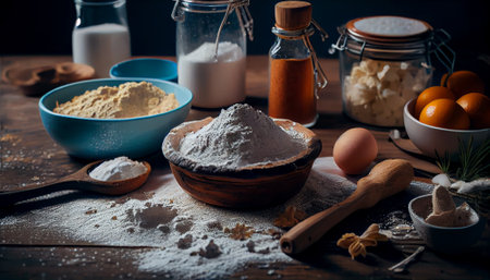Baking background banner. bread preparation Ingredients variety for cooking dough on a dark rustic table. Top view, flat lay.の素材