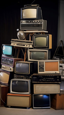 Vintage television and radio tower. Vintage TV sets arranged vertically. End of television concept.の素材