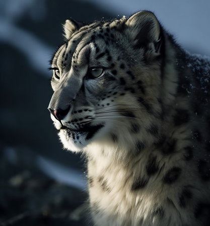 Snow leopard portrait close up on dark background. sitting in nature stone rocky mountain habitat,の素材