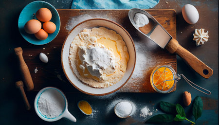 Baking background banner. bread preparation Ingredients variety for cooking dough on a dark rustic table. Top view, flat lay.の素材