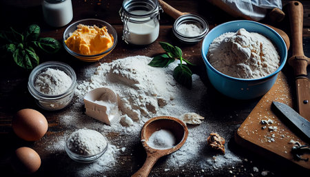 Baking background banner. bread preparation Ingredients variety for cooking dough on a dark rustic table. Top view, flat lay.の素材