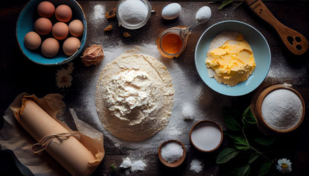 Baking background banner. bread preparation Ingredients variety for cooking dough on a dark rustic table. Top view, flat lay.の素材