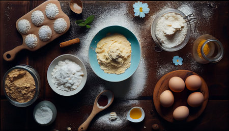 Baking background banner. bread preparation Ingredients variety for cooking dough on a dark rustic table. Top view, flat lay.の素材