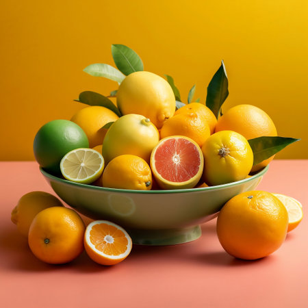 Summer concept. Set of tropical fruits, lemon, orange and green leaves on yellow. Citric fruits.の素材