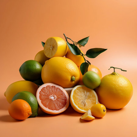 Summer concept. Set of tropical fruits, lemon, orange and green leaves on yellow. Citric fruits.の素材
