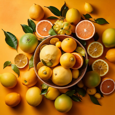 Summer concept. Set of tropical fruits, lemon, orange and green leaves on yellow. Citric fruits.の素材