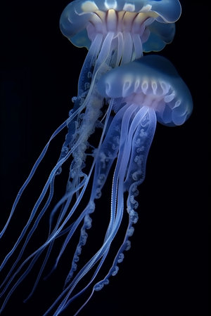Glowing jellyfish swim deep in blue sea. White Jellyfish dancing in the dark blue ocean waterの素材