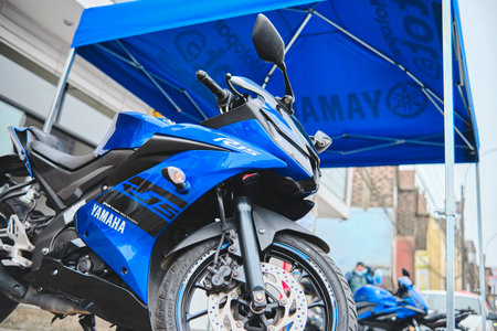 Lima, Peru. 2023. Yamaha test ride, and motorcycle driving instruction and free check at Yamaha store Lima, Peruのeditorial素材