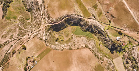 Aerial view of Moray Archeological site. Inca ruins of several terraced circular depressions, in Maras, Cusco province, Peru.の写真素材