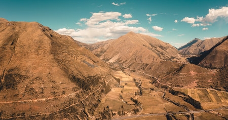Aerial Landscape panoramic view to Urubamba river and sacred valley. Cusco Peruの写真素材