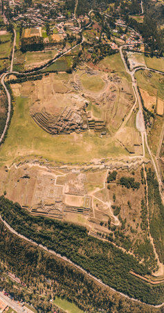 Panoramic view of the inca ruins of Sacsayhuaman on the outskirts of Cusco, Peru. Archaeological site of ancient Incan citadel.の写真素材