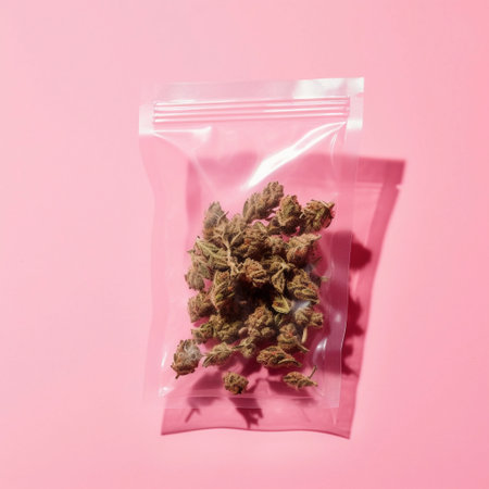 Plastic bag full of quality cannabis, marijuana, weed ready for selling. pink background, Bag of weedの素材