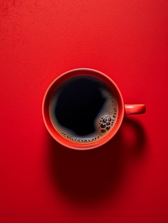 Red Cup of coffee on grey background, top viewの素材