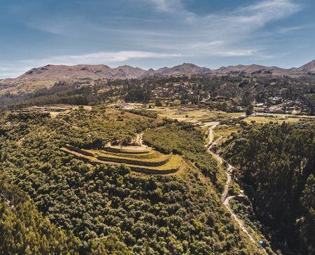 Aerial view of the inca ruins of Sacsayhuaman on the outskirts of Cusco, Peru. Archaeological site of ancient Incan citadel.の写真素材
