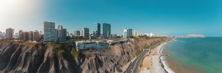 Lima, Peru 2023. Aerial view of Miraflores district and Larcomar, Panoramic aerial view of Lima city, in Peru.のeditorial素材