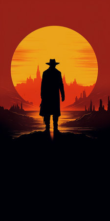A cowboy in the background of a Texas, Classic retro western movie poster with an outlaw sheriff man silhouetteの素材