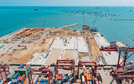 Callao, Lima. Peru 2023. View of dock and containers in the Expansion project port of Callao.のeditorial素材