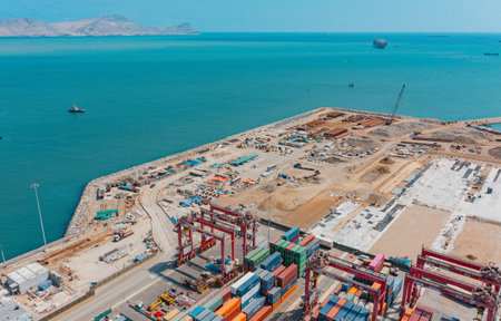Callao, Lima. Peru 2023. View of dock and containers in the Expansion project port of Callao.のeditorial素材