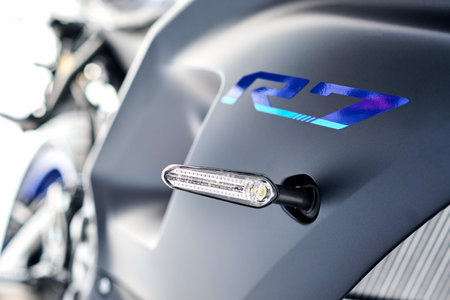 Motorcycles in the showroom Yamaha shop. Yamaha R7 motorcycle, selective focus.のeditorial素材