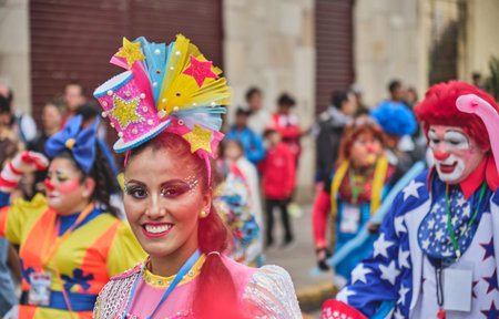 Cusco, Peru, 2023. Clowns meet. Portrait of a smiling person at the Cusco clown parade.のeditorial素材