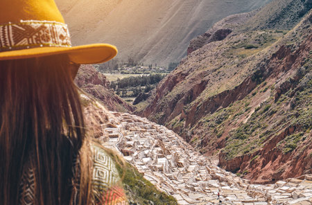 Maras Salt Mines, thousands of individual salt pools on a hillside, dating back to Incan times, Peru.の写真素材