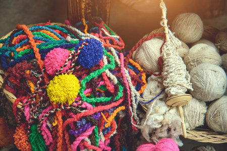 Natural dyes of traditional handmade alpaca wool production from plant in Cuzco, the Sacred Valley of the Incas, Peru.の写真素材