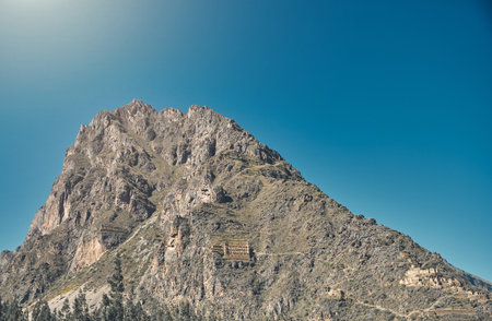 Pinkuylluna, ruins of ancient Inca storehouses located on mountains, Sacred Valley, Ollantaytambo, Peruの写真素材