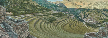 Panoramic view of the ancient Inca ruins of Pisac Pisac in the Sacred Valley near Cusco, Peru.