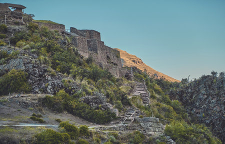 Panoramic view of the ancient Inca ruins of Pisac in the Sacred Valley near Cusco, Peru.の写真素材