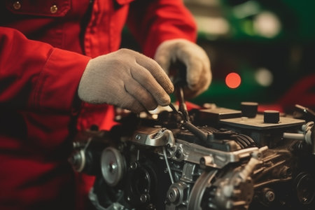 Santa Claus checking the car engine, working on mechanics. New Year and Christmas conceptの素材