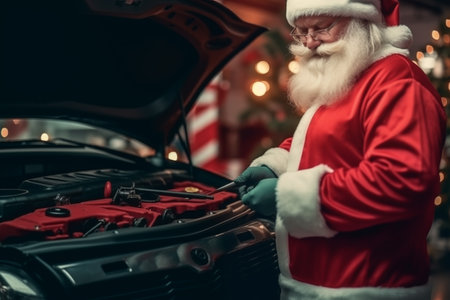 Santa Claus checking the car engine, working on mechanics. New Year and Christmas conceptの素材