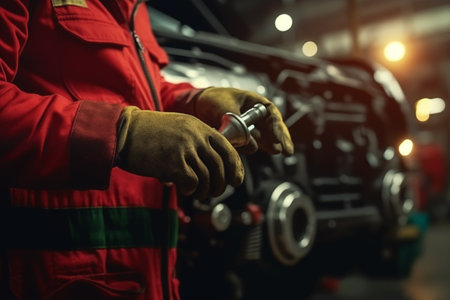 Santa Claus checking the car engine, working on mechanics. New Year and Christmas conceptの素材