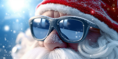 Portrait of cheerful elder Saint Nicholas in red sunglasses and tradition costume posing in studio, looking away. New Year and Christmas conceptの素材