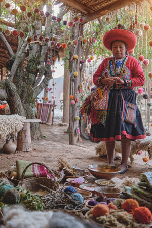 Cuzco, Peru 2022. Andean woman working in traditional Inca wool handicraft production.のeditorial素材