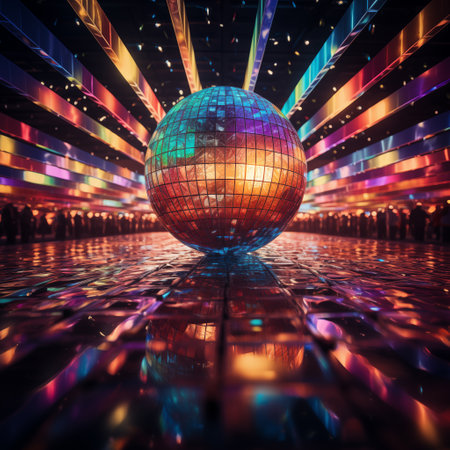 Disco ball colorful with glow on smoky dark background. Have a nice party!の素材