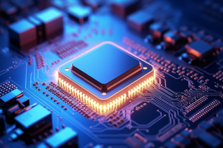 Close up of electronic circuit board CPU processor. Technology backgroundの素材