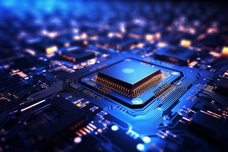 Close up of circuit board interior of a computer with neon lights in detail, circuit board. Microchipの素材