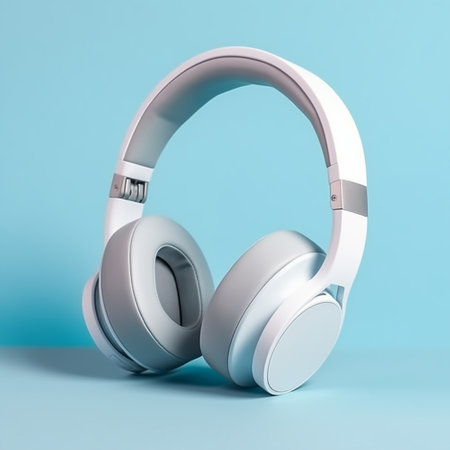 White headphones on a blue background. Minimal concept. Mock-up. Music.の素材