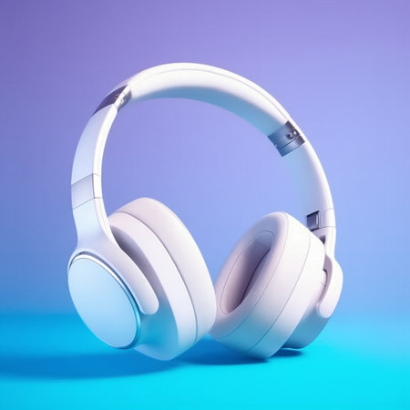 White headphones on a blue gradient violet background. Minimal concept. Mock-up. Music.の素材